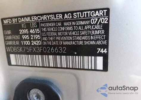 2003 Mercedes-Benz Sl 500 z USA, uszkodzony, nr VIN WDBSK75FX3F026632